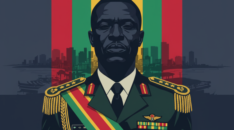 Editorial illustration for an African news chronicle: a stern portrait-style silhouette of a military-turned-president figure in dark green uniform with presidential sash, standing before the Guinean flag colors (red, yellow, green), Conakry skyline faintly in background, dramatic navy and anthracite tones, professional press-agency style, no text, no real recognizable face