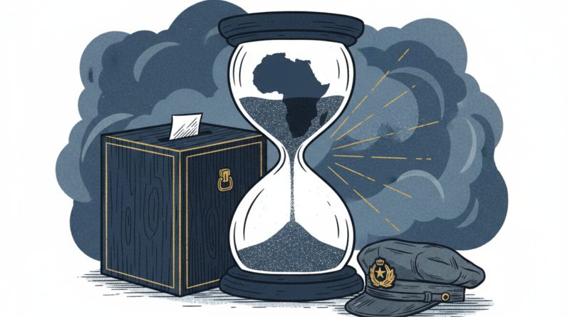 Editorial illustration symbolizing African political power transitions: an hourglass with a continent-of-Africa silhouette inside, sand falling, ballot box and a faded military beret on either side, navy blue and anthracite tones with a gold accent, press-agency editorial style, no text, no real people