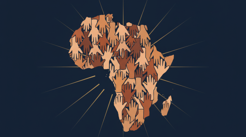 Editorial press illustration: a continent-of-Africa silhouette formed by interlocking hands, golden sunrise rays behind it, deep navy background, press-agency editorial style, no real people, no text, no flags