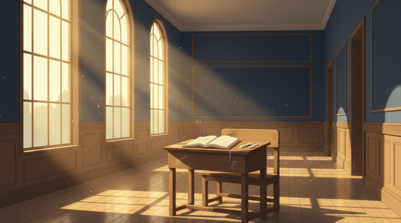 Editorial press illustration: an empty school corridor with morning light through windows, a single open notebook and chalk on a desk, calm and hopeful mood suggesting relief and return to normalcy, navy and warm gold editorial tones, press-agency style, no real people, no text