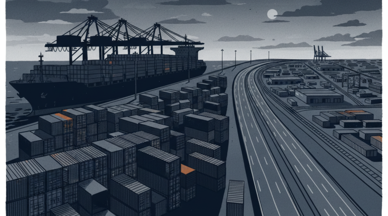 Editorial press illustration for West African port and corridor logistics: shipping containers stacked at a port, a cargo ship silhouette, and a highway corridor connecting to an inland hub, navy and anthracite editorial tones, press-agency style, no real people, no text