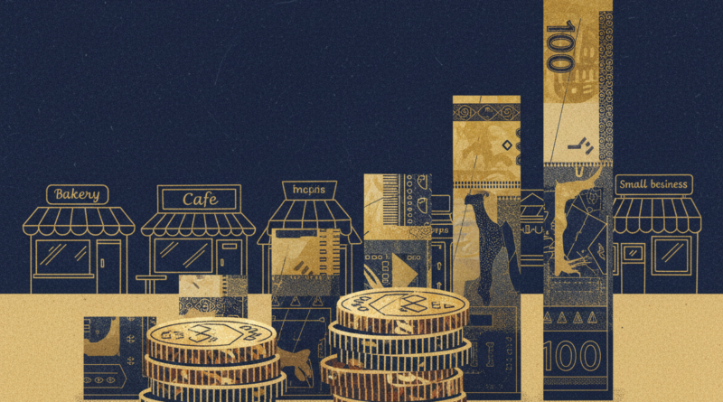 Editorial press illustration for economic news: stacks of coins and a rising bar chart made of FCFA-style banknote texture, small storefront silhouettes of small businesses in the background, navy and gold editorial tones, press-agency style, no real people, no text
