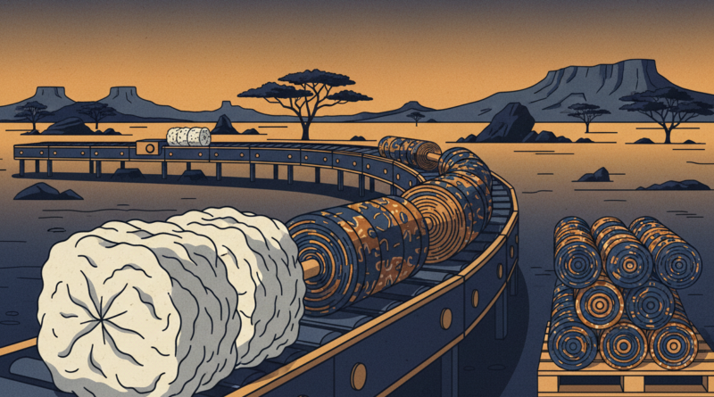 Editorial press illustration for industrial logistics: raw cotton bales transforming into stacked textile rolls along a stylized factory conveyor line, West African landscape silhouette in background, navy and warm amber editorial tones, press-agency style, no real people, no text