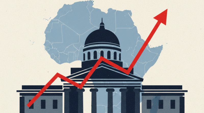 Editorial press illustration for public debt news: a rising line graph overlaid on a stylized government building facade, subtle regional map outline of Central Africa in background, navy and anthracite editorial tones with a red accent line, press-agency style, no real people, no text