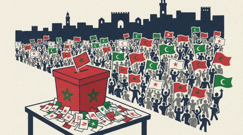 Editorial press illustration of a Moroccan election campaign: ballot papers and a ballot box in the colors of Morocco's flag (red and green star), a stylized crowd of small silhouette figures holding campaign flags, Rabat-style architecture silhouette in background, navy and anthracite editorial tones, press-agency style, no real people, no text