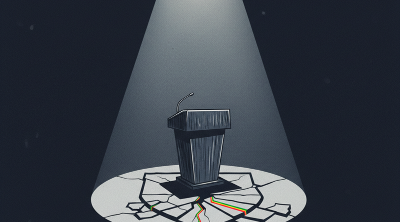 Editorial press illustration symbolizing a political rupture: an empty speaker podium with microphone under a spotlight, a cracked emblem shape on the floor, deep navy and anthracite tones with a subtle green-red-yellow accent, press-agency editorial style, no real people, no text