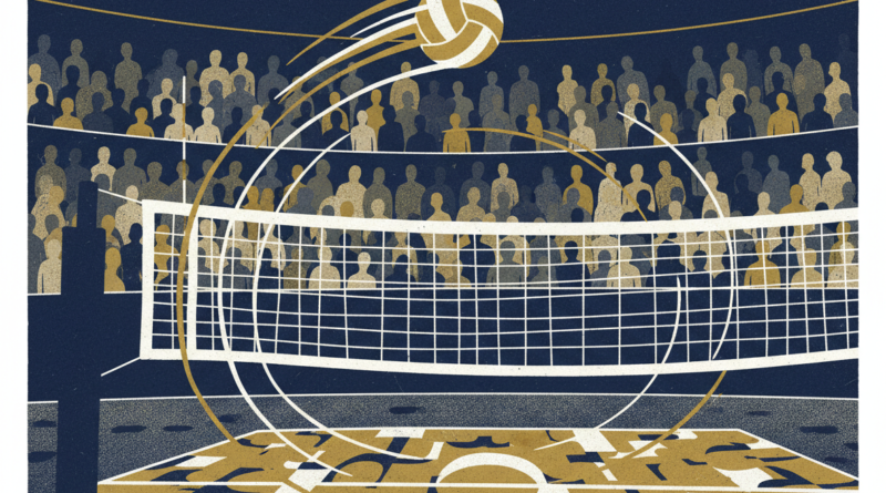 Editorial sports press illustration: a volleyball mid-air above a net, dynamic motion lines, stylized crowd silhouettes in stadium stands, navy and gold editorial tones, press-agency style, no real people, no text, no flags