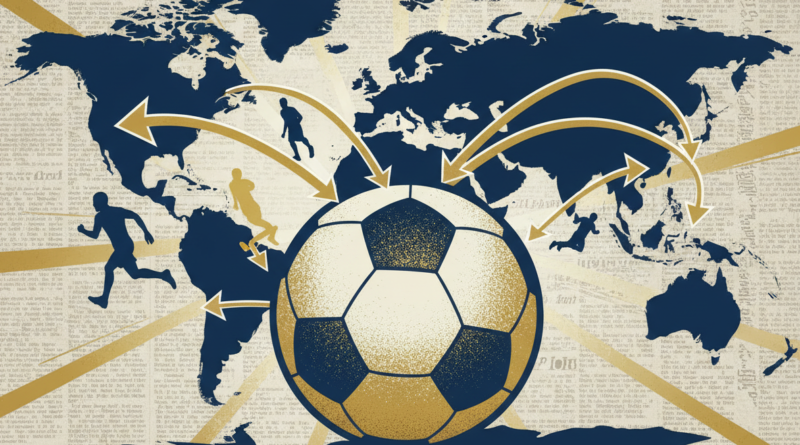 Editorial sports press illustration for football transfer news: a football on a stylized world map with transfer arrows between African and European silhouettes, navy and gold editorial tones, press-agency style, no real people, no club logos, no text