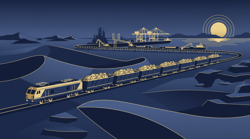Illustration d'un train de fret minier se dirigeant vers un port, symbolisant les investissements algériens dans les transports