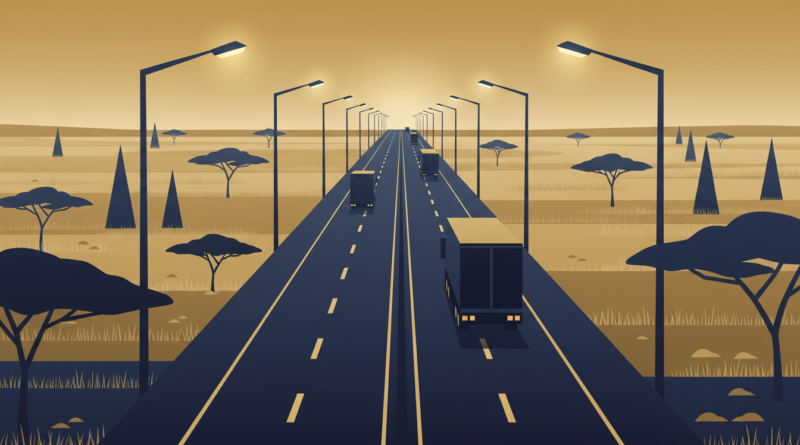 Illustration d'une autoroute en béton bordée de lampadaires traversant la savane, évoquant l'axe Abuja-Kaduna