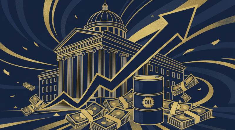 Illustration d'une banque centrale avec une flèche montante symbolisant une hausse des taux