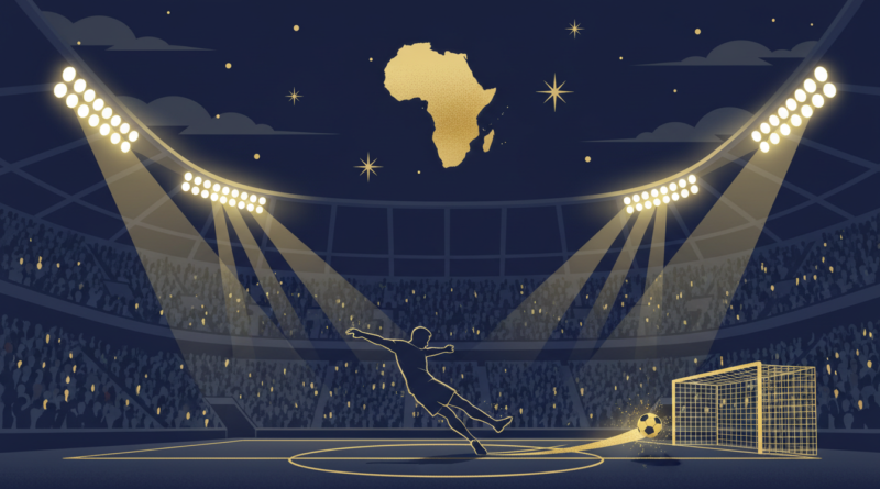 Illustration éditoriale d'un attaquant marquant dans un stade européen, avec la silhouette de l'Afrique dans le ciel