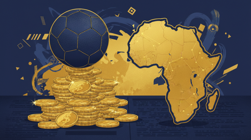 Illustration d'un ballon de football posé sur des pièces d'or devant la silhouette de l'Afrique