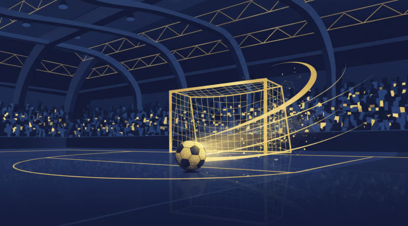 Illustration d'un terrain de futsal en salle avec un ballon près du but, en tons bleu marine et or