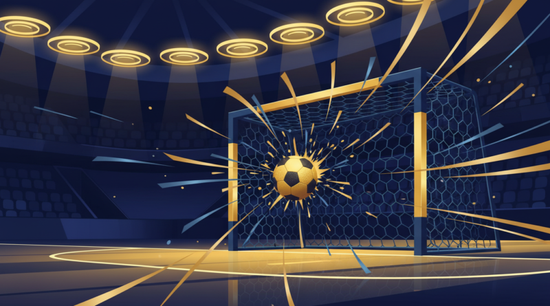 Illustration d'un ballon de futsal au fond des filets dans une salle, tons bleu marine et or