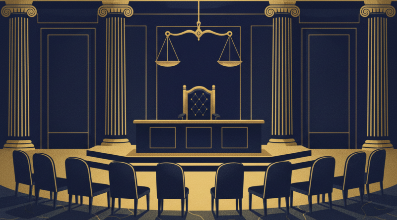 Illustration éditoriale d'une salle de cour constitutionnelle avec des fauteuils vides et une balance de la justice dorée
