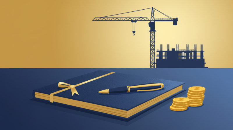 Illustration d'un dossier budgétaire, de pièces de monnaie et d'une grue de chantier, en tons bleu marine et or