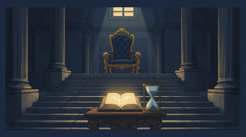 Illustration éditoriale d'un fauteuil présidentiel vide face à une Constitution ouverte et un sablier