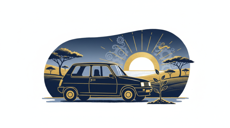 Illustration d'une petite voiture des années 1980 devant une savane, un jeune arbre et un soleil levant