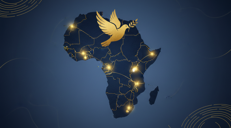 Illustration d'une carte de l'Afrique avec des zones de conflit lumineuses et une colombe de la paix