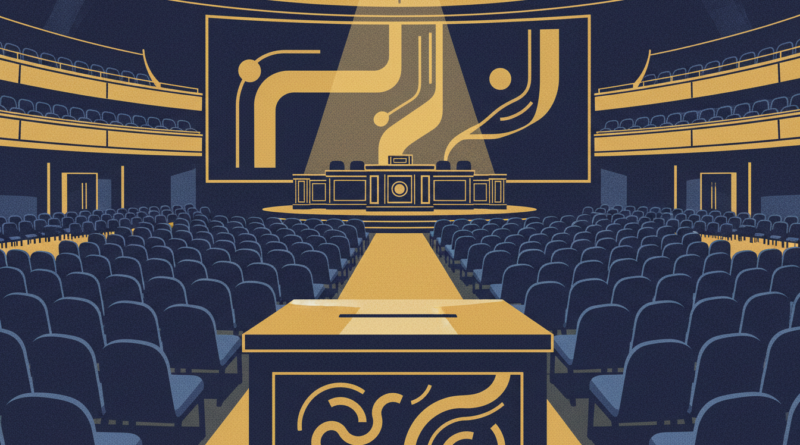 Illustration d'une salle de convention politique avec tribune et urne