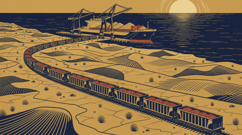 Illustration d'un train de minerai de fer se dirigeant vers un port minéralier, en tons bleu marine et or
