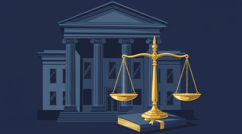 Illustration d'une balance de la justice devant un palais de justice, en tons bleu marine et or