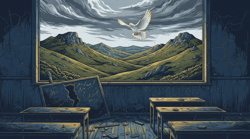 Illustration d'une salle de classe vide face à des collines verdoyantes et d'une colombe, en tons bleu marine et or