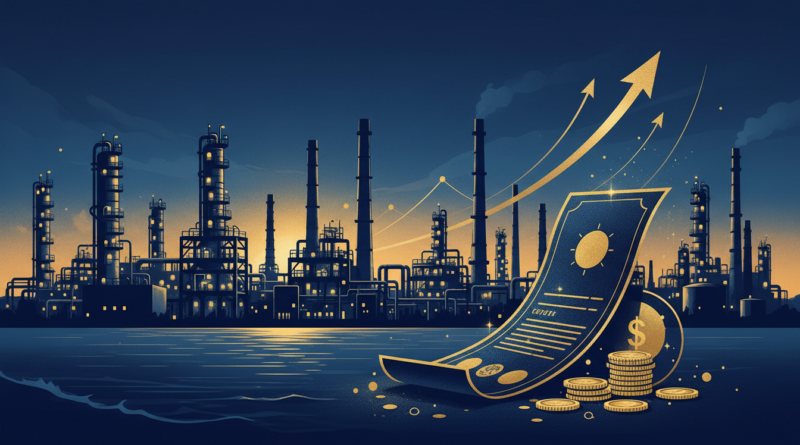 Illustration éditoriale d'une grande raffinerie de pétrole au crépuscule avec des titres boursiers au premier plan