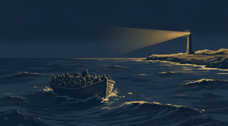 Illustration d'une embarcation surchargée sur une mer sombre près d'une côte aride, en tons bleu marine et or