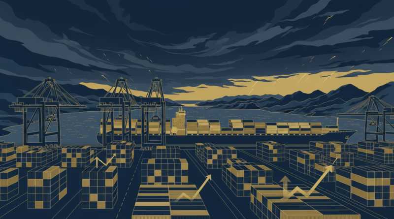 Illustration éditoriale d'un port à conteneurs à l'entrée de la mer Rouge sous un ciel orageux