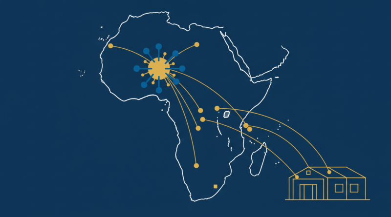 Illustration d'une carte de l'Afrique de l'Est et d'un virus stylisé, symbolisant la surveillance de l'épidémie d'Ebola au Kenya