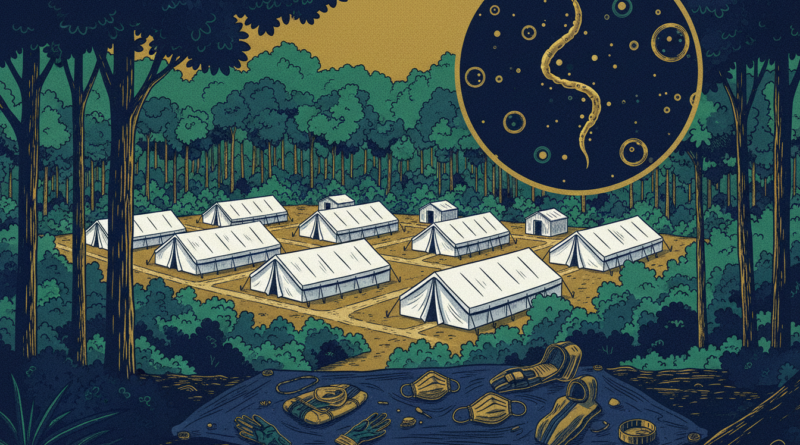Illustration éditoriale d'un centre de traitement sanitaire sous tentes en forêt avec une représentation microscopique du virus Ebola