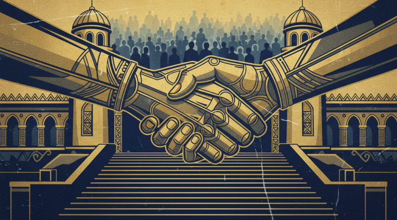 Illustration éditoriale d'une poignée de main sur les marches d'un bâtiment officiel, évoquant l'héritage politique de Raila Odinga au Kenya