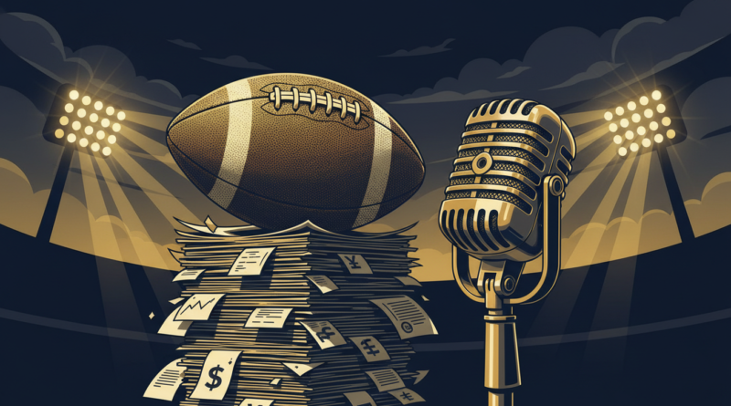 Illustration éditoriale d'un ballon de football posé sur des documents financiers à côté d'un micro de radio, évoquant le bras de fer entre la Fecafoot et RFI