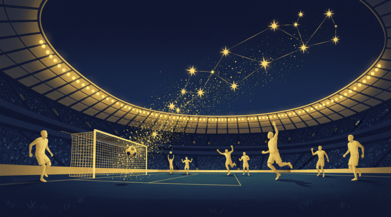 Illustration éditoriale d'un stade européen de nuit avec un ballon au fond des filets, symbole des performances des joueurs africains en Ligue des champions