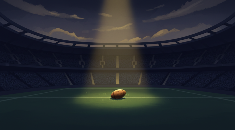 Illustration d'un stade de rugby vide au crépuscule, un ballon posé sur la pelouse