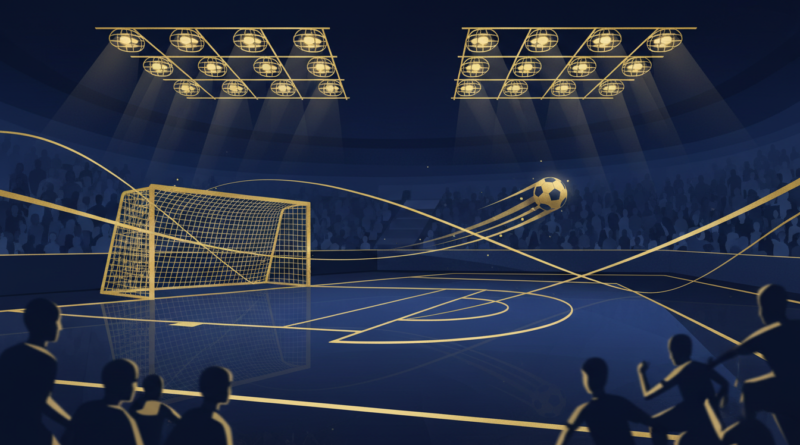 Illustration d'un terrain de futsal en salle avec un ballon filant vers le but
