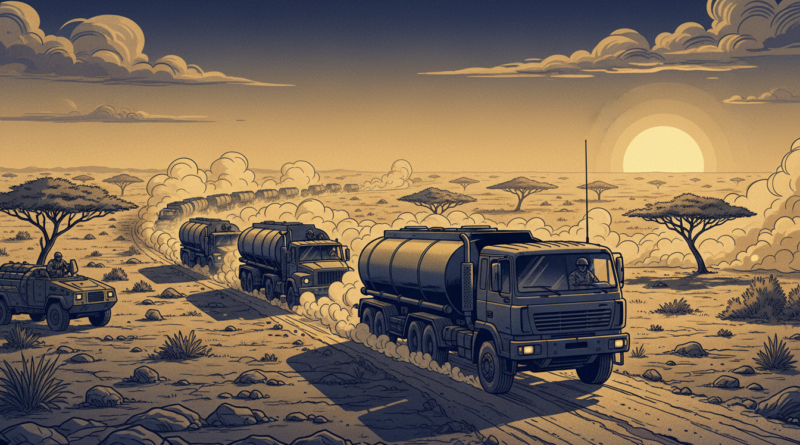 Illustration d'un convoi de camions-citernes sur une route sahélienne
