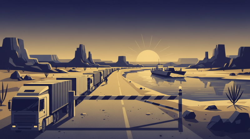 Illustration de camions de marchandises à l'arrêt devant un poste frontière désertique