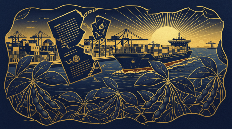 Illustration de plants de soja et d'un cargo quittant un port ouest-africain