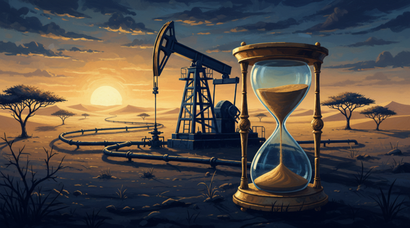 Illustration d'un puits de pétrole et d'un oléoduc dans le désert, avec un sablier