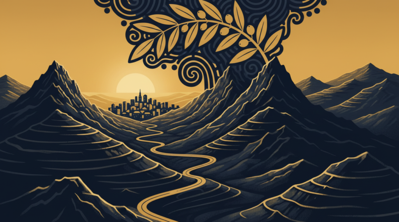 Illustration de hauts plateaux montagneux au lever du soleil avec une route menant à une ville