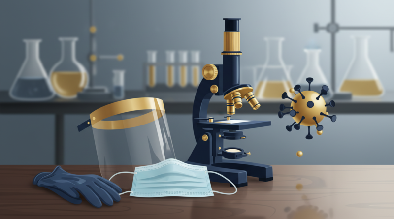 Illustration d'équipements de protection médicale et d'un virus vu au microscope