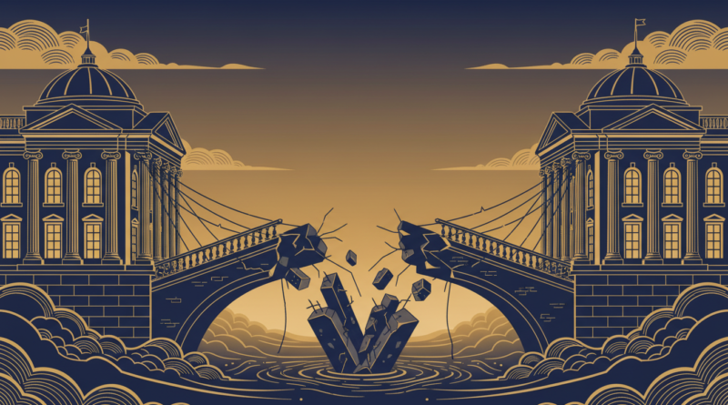 Illustration de deux bâtiments diplomatiques séparés par un pont rompu