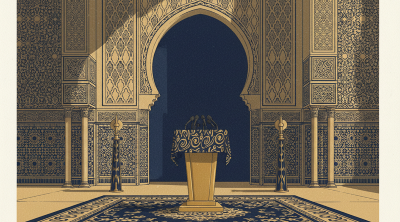 Illustration d'un palais aux arcades marocaines avec un pupitre officiel