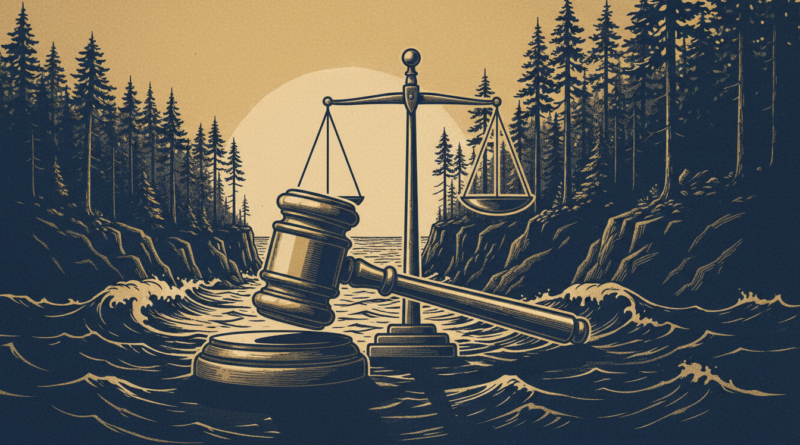 Illustration éditoriale : un marteau de juge et une balance de la justice devant une forêt côtière, en bleu marine et or
