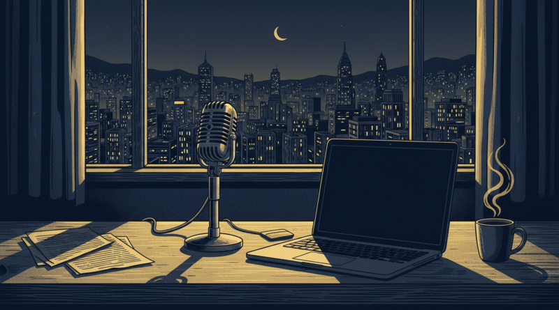 Illustration éditoriale : un micro et un ordinateur portable sur un bureau la nuit, devant une ville sur des collines, en bleu marine et or