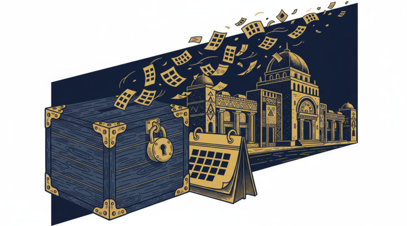 Illustration éditoriale : une urne cadenassée et un calendrier dont les pages s'envolent devant une mairie, en bleu marine et or
