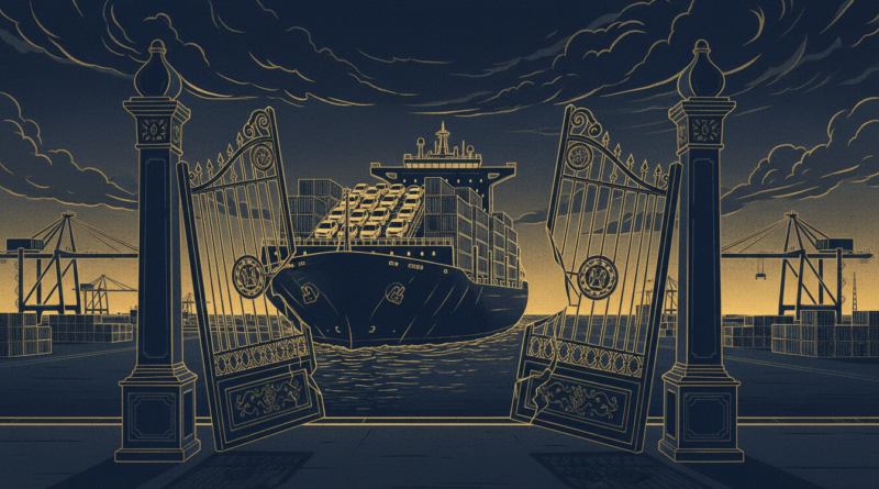 Illustration éditoriale : un porte-conteneurs chargé de voitures quittant un port africain, avec une barrière commerciale entrouverte, en bleu marine et or